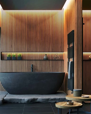 Modern luxury bathroom with black soaker tub and wooden wall paneling